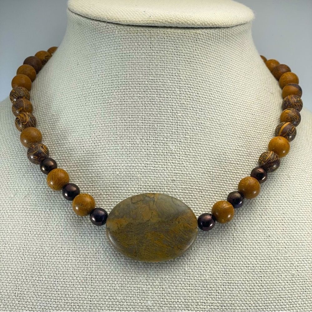 Beautiful Unsigned Artisan Jasper Beaded Boho Statement Necklace
